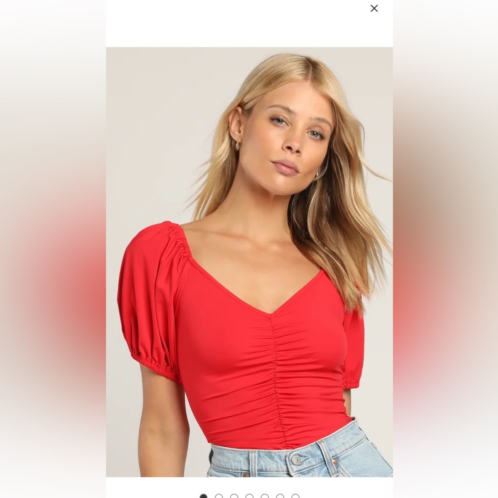 Red ruched thong bodysuit
